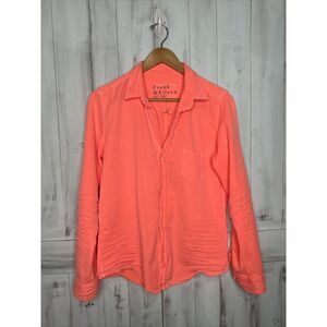 FRANK & EILEEN NEON PINK "BARRY" DENIM DISTRESSED TATTERED BUTTON UP SHIRT LG